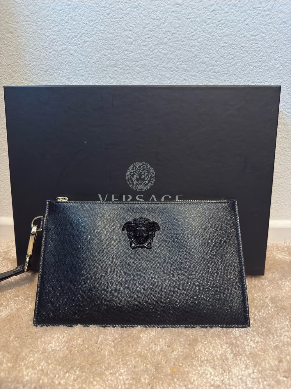 Versace Black Medusa Leather Wrist Pouch with Gold-Tone Zip